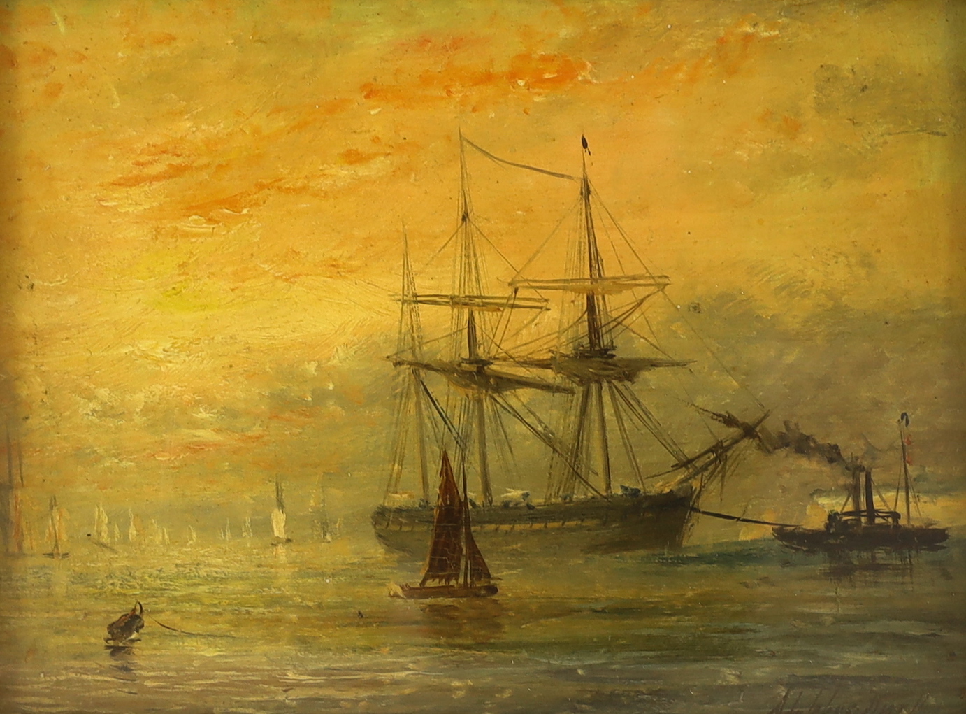 Adolphus Knell (British, 1860-1890), Steam tug towing a warship into harbour at sunset, oil on wooden panel, 15.5 x 20.5cm